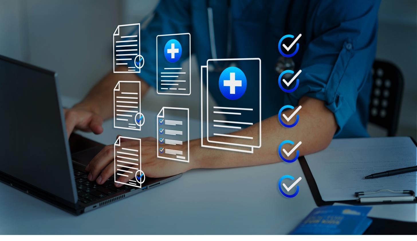 A healthcare professional completing digital records and checklists on a laptop
