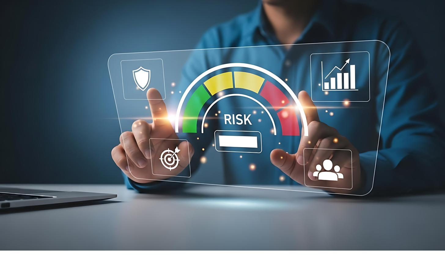 A professional adjusting a risk-level gauge on a digital dashboard